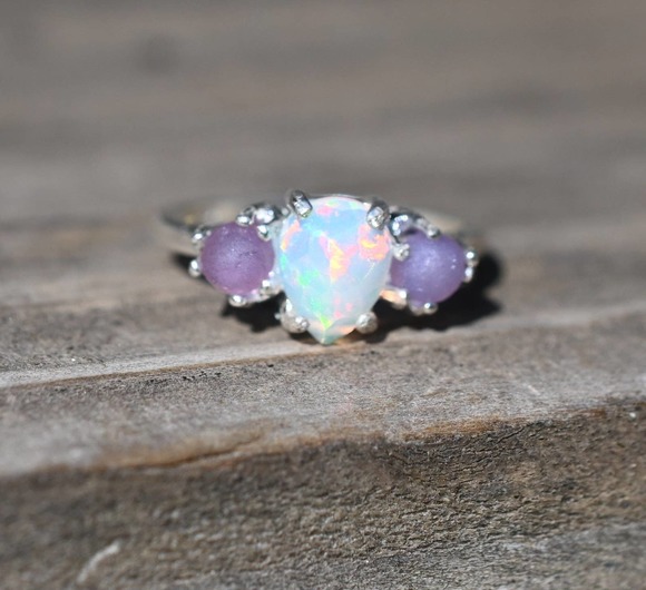 Opal Art Deco Engagement Ring, Raw Grape Agate Ring, Unique Engagement R… - Picture 3 of 4